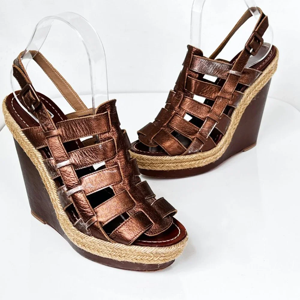 Christian Louboutin Bronze Barcelona Leather Espadrille Wedge Sandals Size EU 39